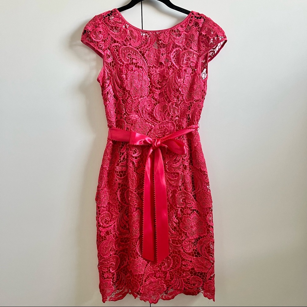 Adrianna Papell Cap Sleeve Illusion Lace Sheath Dress Size 4, Coral Color